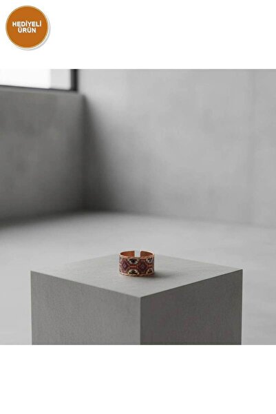 Erol Bakır Copper Red Brown Kilim Patterned Wide Form Adjustable Ring