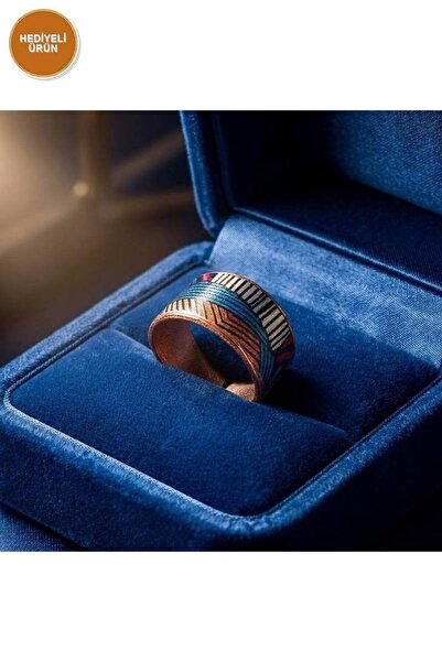 Erol Bakır Copper blue white striped kilim pattern wide adjustable ring | 100...