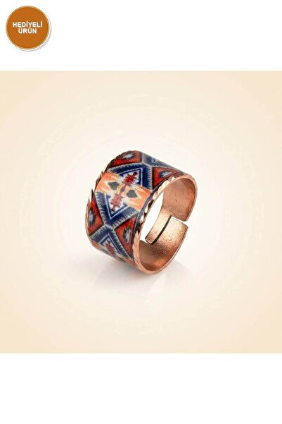 Erol Bakır Copper Navy Blue Red Star Motif Wide Form Adjustable Ring