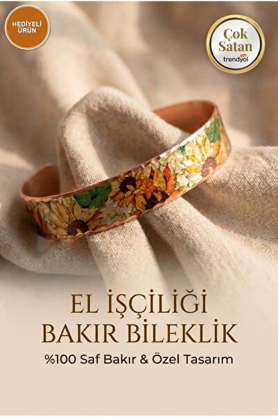 Erol Bakır Bakır Vintage Ayçiçeği Desenli Ayarlanabilir Kelepçe Bileklik