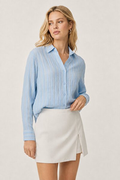 Nuevo Baby Blue Colored Striped Women's Shirt Long Sleeve Classic Collar Styl...