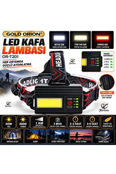 farissu Or-t201 Usb’li Kafa Lambası | 30w 2000 Lümen | 2 Adet 18650 Pil Dahil