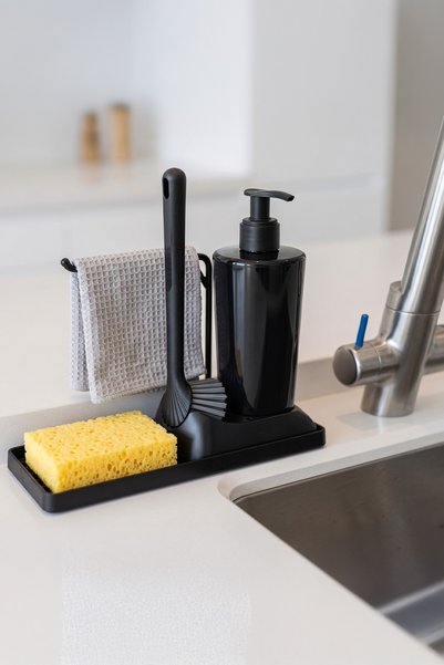 ATA HOME Armona Yumuşak Silikon Fırçalı Tezgah Üstü Mutfak Banyo Sıvı Sabunluk Takımı Süngerlik Bez Seti