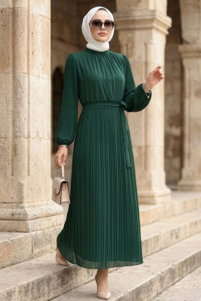 N.S NEVA STYLE Pleated Emerald Green Hijab Dress 30301Zy