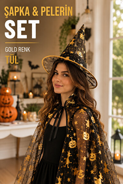 Huzur Party Store Cadılar Bayramı Pelerin Şapka Seti Gold Altın Sarısı Cadı Yarasa Baskılı Halloween Parti Kostümü