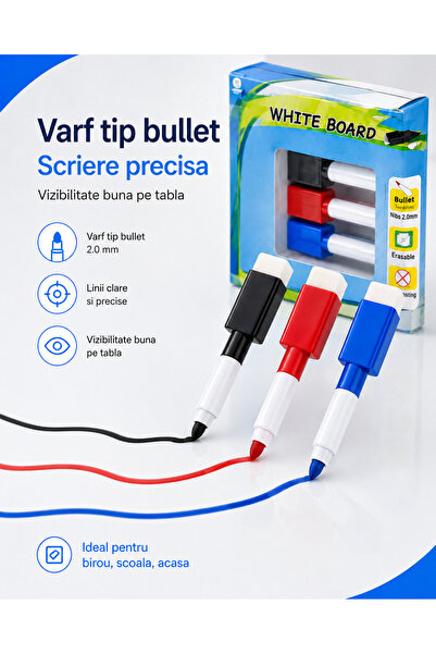 Generic Brand Set 3 Markere pentru Tablă Albă, Negru Roșu și Albastru, cu Burete pentru Ștergere Integrat, Reutilizabile