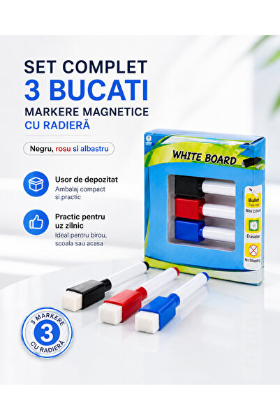 Generic Brand Set 3 Markere pentru Tablă Albă, Negru Roșu și Albastru, cu Bur...