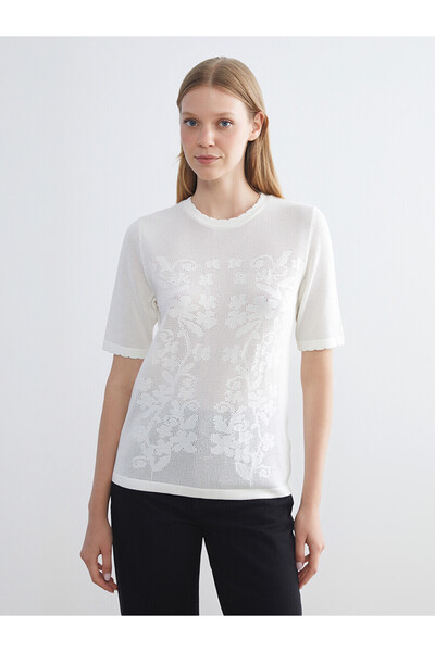 LC Waikiki Lcwaikiki Classic White Short Sleeve Floral Women's Knitwear Sweat...
