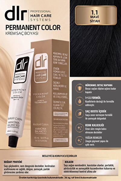DLR Color Saç Boyası 60ml 1.1 Mavi Siyah - Profesyonel Kuaför Kalitesinde Ren...