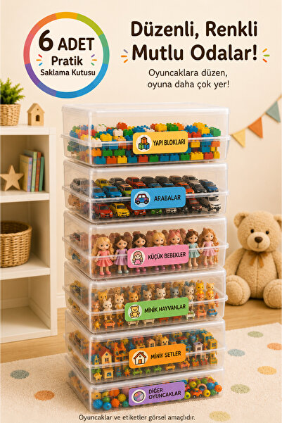Nex10 6’lı Şeffaf Kapaklı Oyuncak Saklama Kutusu, Yapı Blokları ve Araba Düze...