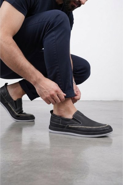 Growish Gr0542 Genuine Nubuck Leather Stitching and Straw Appearance Daily Comfortable Use Black Men's Casual Shoes