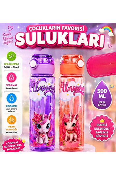MEYRA Çocuk Pipetli Suluk 500 ML Desenli Kilitli Kapak Sızdırmaz Matara