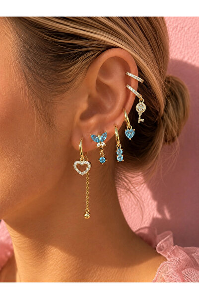 h&b design jewel Gold Blue Butterfly Detailed 6-Piece Earring Set