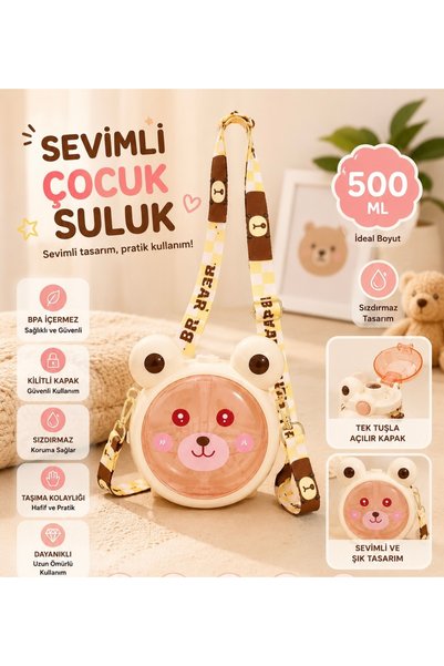 Genel Markalar Çocuk Matara 500 ML Ayıcık Desenli Omuz Askılı Kilitli Kapaklı...