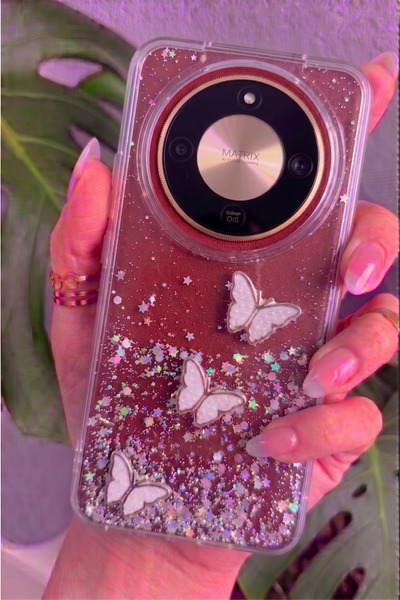 Rivor Honor Magic 8 Lite Uyumlu Kılıf Kamera Çıkıntılı Simli Kelebek Kabartma...