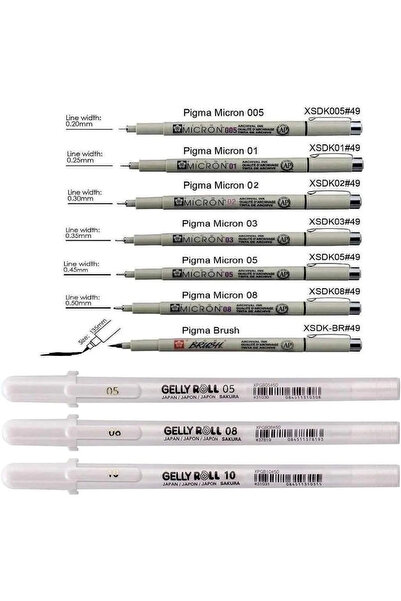 Sakura Pigma Micron 7 Fineliners + Gelly Roll Beyaz, 3 Parlak Beyaz , Miks Bo...