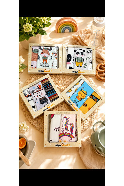 3'lü Bebek Fular Önlük Seti - Wild and Happy Ceylan Desenli Hediyelik Kutulu