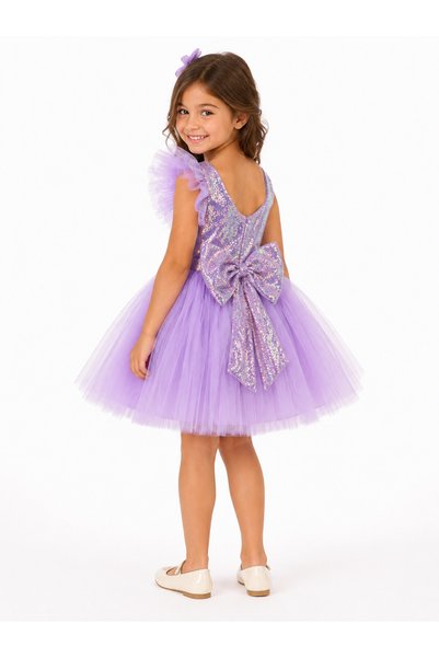 THEQUEST Girl's Lilac Sequined Tulle Evening Dress with Detachable Train Birthday Dress (2 Different Ways to Use)