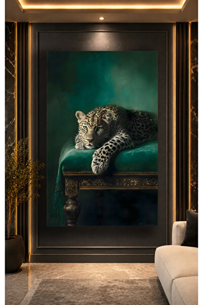 Evnora Home Decor Leopar Cam Tablo – Yeşil Gözlü Leopar ve Koyu Yeşil Lüks At...