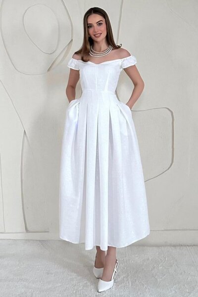 LUMU Ecru madonna collar jacquard lined dress