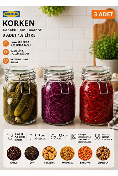 IKEA TREV 3 Adet 1.8 LT Kapaklı Cam Kavanoz Seti Vakumlu Contalı Sızdırmaz Ha...