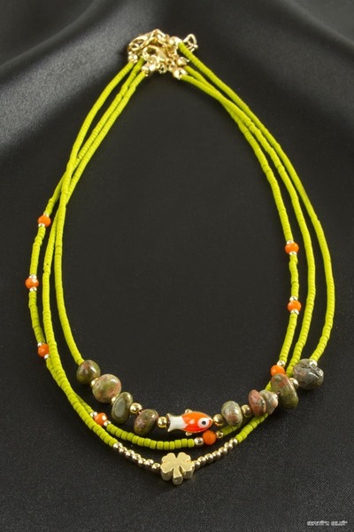 ZERO LAND Spt-Gld Mixed Figured Miyoki Bead Necklace 1 Piece (40917) Pistachi...