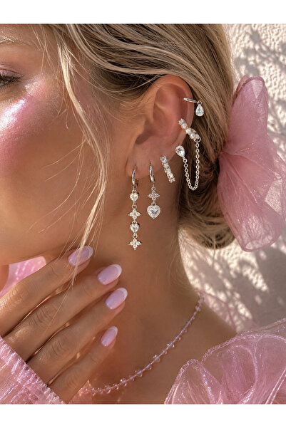 h&b design jewel Silver White Heart Detailed 6-Piece Earring Set