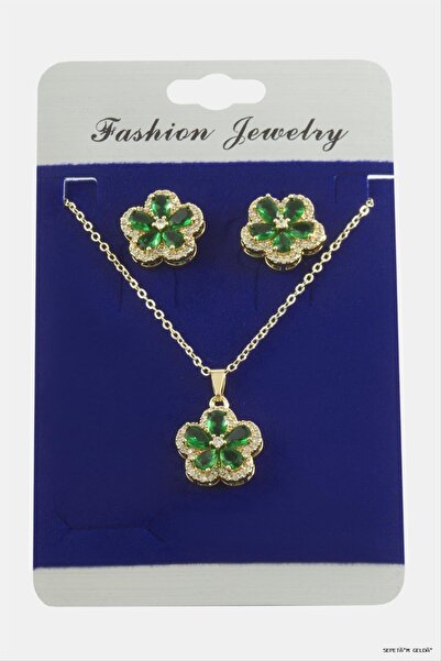 ZERO LAND Spt-Gld Flower Zircon Stone Set (50336) Necklace Green