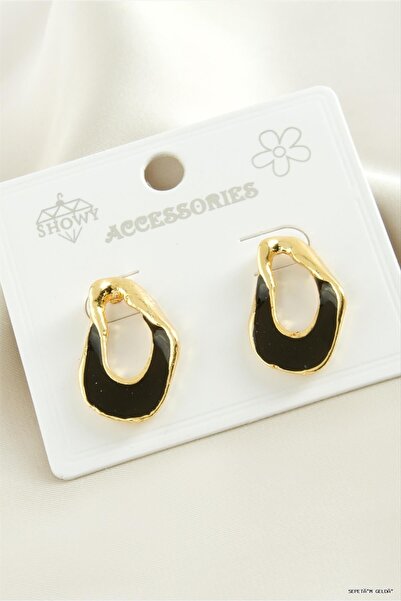 ZERO LAND Spt-Gld Oval Enameled Metal (45124) Earrings Black