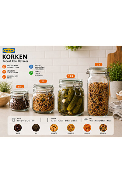 IKEA TREV 4'lü Cam Kavanoz Seti (1 Adet 0.5 LT + 1 Adet 1 LT + 1 Adet 1.8 LT ...
