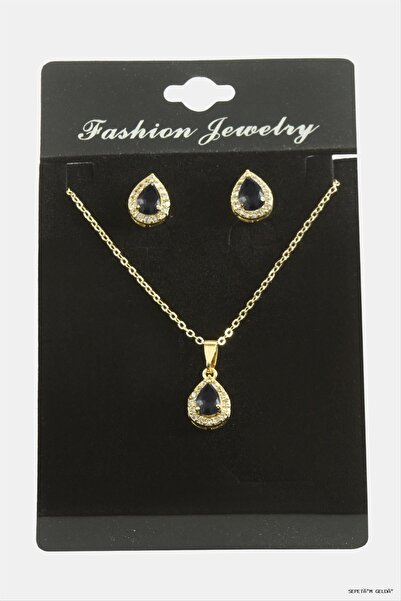 ZERO LAND Spt-Gld Drop Zircon Stone Set (53014) Necklace Black
