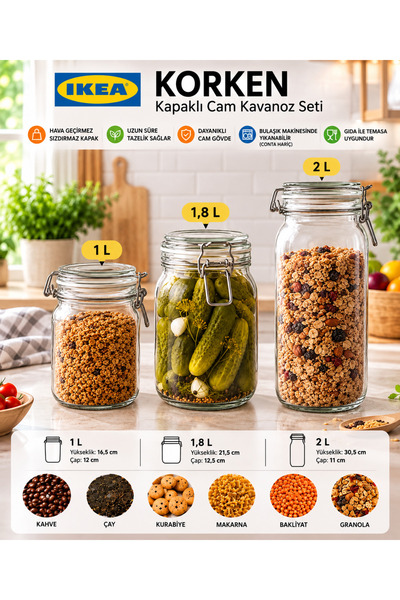 IKEA TREV 3'lü Cam Kavanoz Seti (1 Adet 1 LT + 1 Adet 1.8 LT + 1 Adet 2 LT) V...