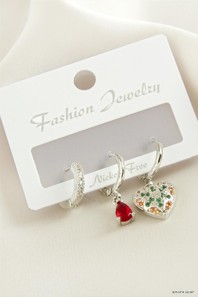 ZERO LAND Spt-Gld 3 Pieces Heart Zircon Stone Earrings (45800) Silver Color