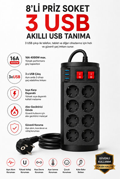 ARE 8’li Akım Korumalı Çoklu Priz 3 USB Girişli 2 Metre Kablolu 16A 4000W Ana...