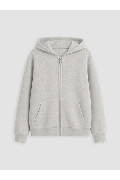 LC Waikiki Gri Kapüşonlu Kalın Kız Çocuk Fermuarlı Sweatshirt
