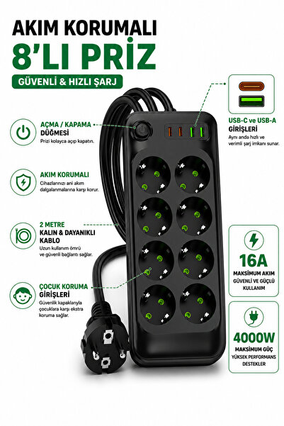 Akım Korumalı 8’lı Priz 2 Metre Kablolu 16A 4000W USB-A ve USB-C Girişli Açma Kapama Düğmeli Siyah