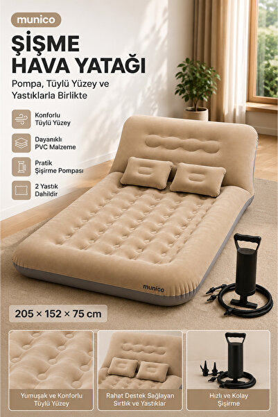 Munico Şişme Hava Yatağı Çift Kişilik 205x152x75 cm Yastıklı ve Sırt Destekli...
