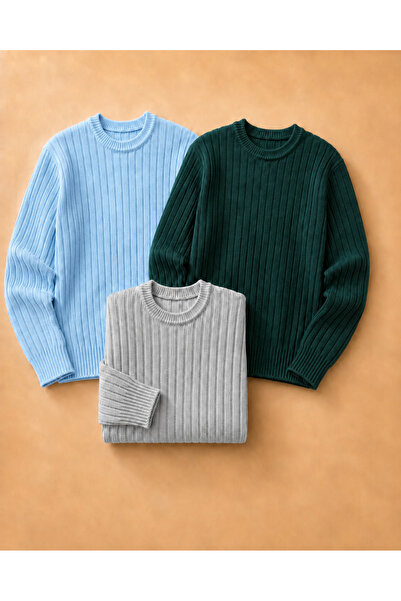 OTAKU Men's 3-Piece Casual Crew Neck Ribbed Knit Sweater
