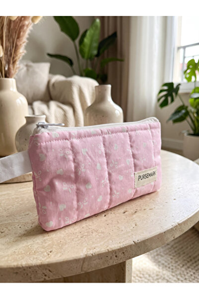 PURSEMARK Toz Pembe Minik Kalpler Desenli Fermuarlı Kalemlik Gözlük Kılıfı
