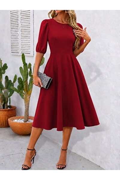 MODA ŞEHRİ فستان جانجان كريب قصير للنساء بأكمام منتفخة وياقة دائرية وقصة واسعة