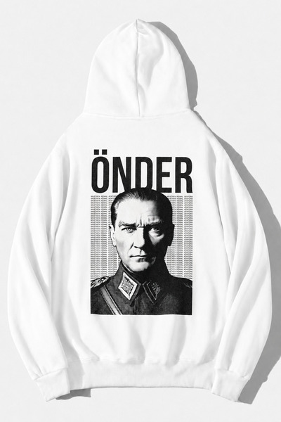 cc collection Unisex Atatürk Önder Sırt Baskılı Beyaz Oversize Kapüşonlu Swea...