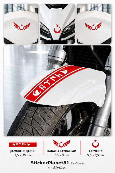 AlpiLeo Motorcycle Fender Sticker Set – Turkish Written Stripe, Winged Moon S...