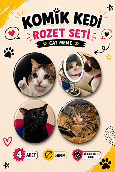 Komik Kedi Rozet Seti 4'lü #1, 58 mm Cat Meme Rozetleri, Çanta ve Kıyafet Rozeti