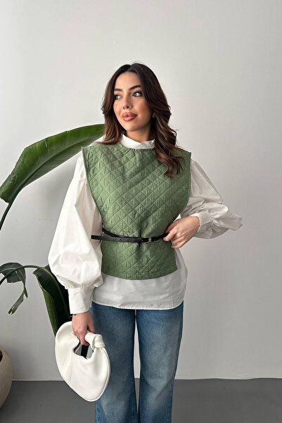 Elbee Fashion Woman Γυναικείο Σετ Χακί Πουκάμισο με Ζώνη και Πόντσο