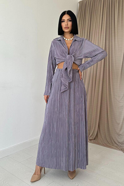 Elbee Fashion Woman Γυναικείο Σετ Πουκάμισο Λιλά με Κορδόνια και Μακριά Φούστα