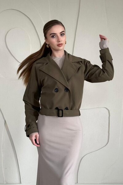 LUMU Khaki Belted Short Trench Coat
