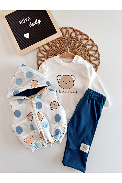 Hippıl Baby Bears Şişme Yelekli 3'lü Erkek Bebek Takım-İNDİGO