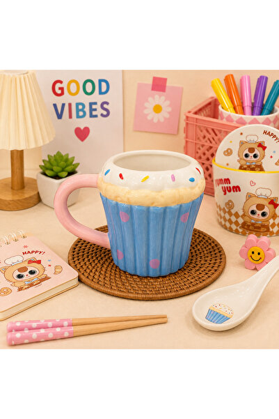 hediyeofisi Hediye Ofisi Mavi Cupcake 3D Seramik Kupa – Renkli Şekerlemeli Ka...