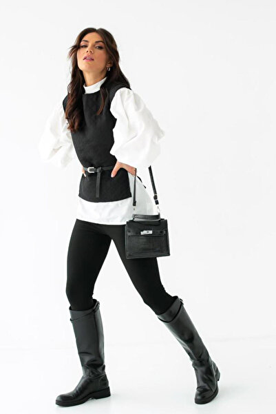 Elbee Fashion Woman Γυναικείο Σετ Πουκάμισο με Μαύρη Ζώνη και Πόντσο