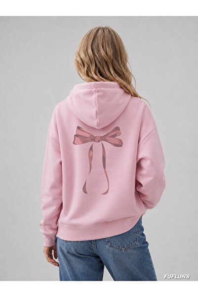 FUFLUNS Ribbon Back Printed Oversized Women's Hooded Sweatshirt